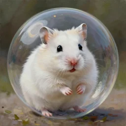large white fluffy hamster inside soap bubble, hyperrealism oil painting