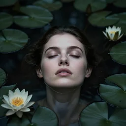 hyperrealistic dark colour photograph of a woman's face floating in a pond, surrounded by a forrest of lillies, deep focus, intricate, elegant, highly detailed, matte, sharp focus, photography by bill henson