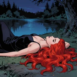 a beautiful comic book illustration of a vampire woman with long red hair laying near a lake at night by Jerome Opeña and Greg Rutkowski, featured on artstation