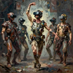 junky men ballet dancer, cybertronic gadgets and vr helmet, durty colours, rotten textures, rusty shapes, long shot, biotechnology, dariusz zawadzki, tim hildebrandt, wayne barlow, bruce pennington, larry elmore, oil on canvas, luminosity, deep depth field, masterpiece, cinematic composition, hyper - detailed, hd, hdr