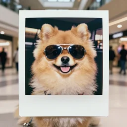 super awesome head to shoulder portrait colored polaroid film photograph of a pomeranian dog in a mall wearing aviator shades. super resolution. surreal. extremely detailed. polaroid 6 0 0 film. by annie leibovitz and richard avedon