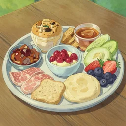 Delicious meze platter. Gouache painting by studio Ghibli.