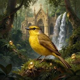 paradise flycatcher, lush forest, gold, gems, dramatic lighting, waterfall, denoised, gothic architecture, baroque, painted by the best artists of artstation, best art in the world