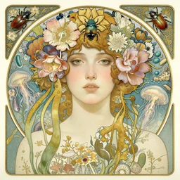 hyperrealistic detailed portrait of ivory beautiful symmetric girl, with flowers, beetles, corals, sea kelp, sea plants, gold vines, jellyfish, bacteria, skeletons, fungi, scales, golden filigree, art by ernst haeckel, john william godward, alphons mucha, pontormo, ornamental, decorative, art nouveau pattern, deep pastel colors