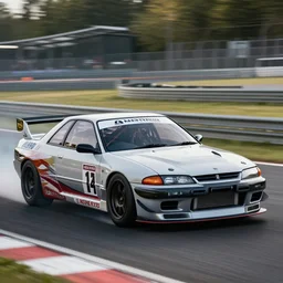 Peugeot 406 street racing a Nissan R-32 GTR, hyper realistic, car photography, 8k