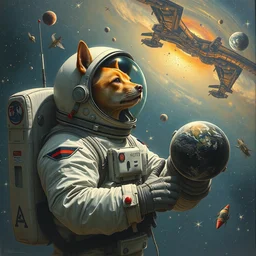 a hyper realistic astronaut as a shibu inu exploring the galaxy painting by chiara bautista and karl kopinski and kim jung giu and weta studio, and lucasfilm and jesper ejsing and norman rockwell greg rutkowski frank frazzeta