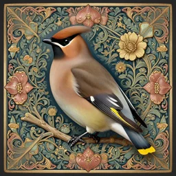 ethereal Bohemian Waxwing bird, Bombycilla garrulus :: intricate details, ornate, detailed illustration, octane render :: Johanna Rupprecht style, William Morris style :: trending on artstation