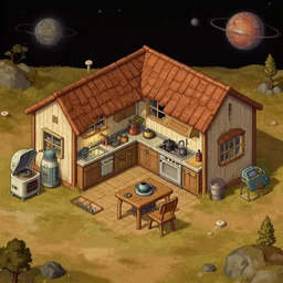 a kitchen of a farm house, on a remote planet, uncluttered, with retro sci fi furniture, from a space themed point and click 2 d graphic adventure game, detailed, set design inspired slightly by hg giger, art inspired by thomas kinkade