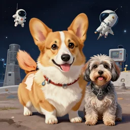 a portrait of the soviet space dog program, artwork by gaston bussiere, craig mullins, trending on artstation, breed corgi and doodle mix