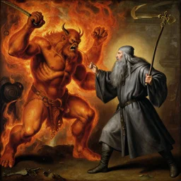 renaissance painting of only two character visible,  Gandalf the gray on the right fighting against the fiery giant balrog on the left, by nicolas poussin