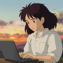 guy with long black hair using a laptop, tan skin, looking down, sunset, art by hayao miyazaki, studio ghibli film, twitter pfp