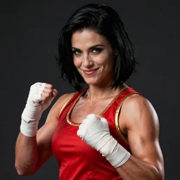 a portrait a woman in her 2 0 s, attractive, muscular, wearing red tanktop vest with gold lining, smirking, white bandages on fists, black hair, short - medium length hair, serious, style by donato giancola, wayne reynolds, jeff easley dramatic light, high detail, cinematic lighting, artstation, dungeons and dragons
