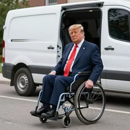 donald trump in a wheelchair next to handicap van, surrounded by secret service agents, photograph, paparazzi, high resolution, high quality