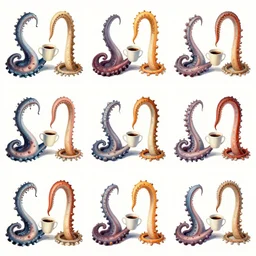 a 3 x 3 grid of an animated sequence featuring multicolour tentacles picking up a coffee mug illustrated by salvador dali. in - frame