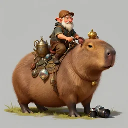 Dwarf Riding a giant capybara carrying trinkets, camera underneath, art by World of Warcraft Art Direction, art station, concept art,