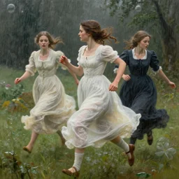 beautiful young cottagecore women running in from the rain, art by anders zorn, wonderful masterpiece by greg rutkowski, intricate, elegant, highly detailed, digital painting, artstation, concept art, smooth, sharp focus, illustration, beautiful cinematic light, american romanticism thomas lawrence, artgerm, mucha, greg rutkowski
