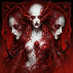 symmetry portrait of grotesque and gruesome female, cosmic horror, lovecraftian horror, intricate, horror, highly detailed, digital painting, artstation, giger concept art, smooth, sharp focus, illustration, art by artgerm, alphonse mucha and junji ito, monohcrome red, white, black