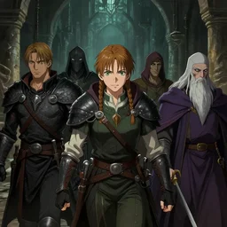 a film still of an dnd, warrior and rogue and mage and cleric walking in dungeon, finely detailed features, closeup at the faces, perfect art, at an ancient city, gapmoe yandere grimdark, trending on pixiv fanbox, painted by greg rutkowski, boris valejo