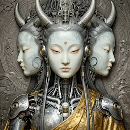 female robot pilot, mechanical creature, electronic wires, girl face, dystopian surrealism, alex ries zdzisław beksinski giger, symmetry accurate features, very intricate details, hres, naraka buddhist demon korean female, symmetrical long head, smooth marbled surfaces, detailed ink illustration, metal gear, cinematic smooth ceramic, deep aesthetic, concept art, carved silver texture golden cloth, highly ornate intricate details