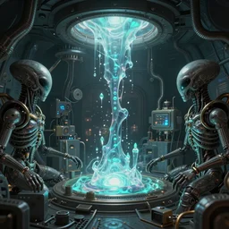bunker laboratory with alien mechanisms!!!!! inside, with mystical glowing fluid!!!!!!, ultra detailed, made by greg rutkowski