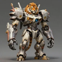 a hypermaximalist overdetailed antropomorphic humanoid mecha or android with a hed of a lynx, tiger, or lion. lowbrow color palette. artwork by subjekt zero