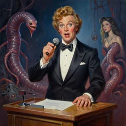 a photorealistic highly detailed painting of a vintage 1 9 5 0's game show host morphing into a beautiful worm creature by johfra bosschart, lisa frank, kinkade, visionary art, dark fantasy art, high detail, trending on artstation