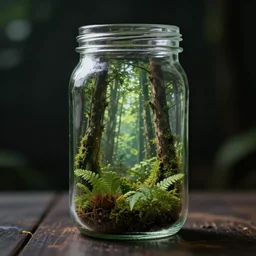 glass jar with a forest inside, bokeh, dark background, hyperrealistic, volumentric lighting, highly detailed