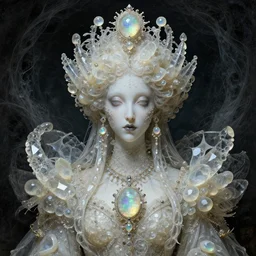 a beautiful queen made of crystal ivory and opal, highly intricate, digital art, very detailed, in the style of a weird and dark eerie liminal art nouveau flemish painting, 8k, octane render