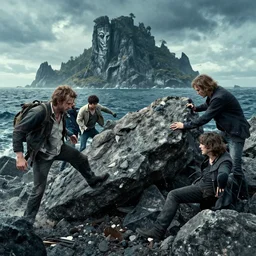 crashing on the rocks of cursed island. andreas achenbach, artgerm, mikko lagerstedt, zack snyder, tokujin yoshioka