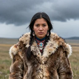 a young cheyenne tribal woman wearing bison fur coat in a wyoming snot storm, close up, portrait