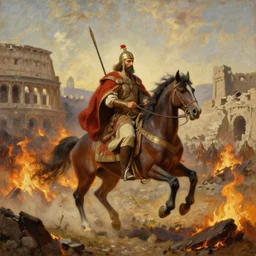 nomadic early medieval khan on horseback surrounded by fires and rubble of roman buildings, oil painting,  cinematic, late antiquity