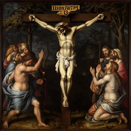 Crucified Wasp on the Golgota, renaissance oil painting,