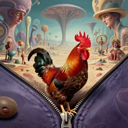 colour portrait masterpiece photography of a rooster, coming out of a zipper by annie leibovitz, ultrawide angle, moebius, josh kirby, weird epic complex biomorphic 3 d fractal landscape in background by roger dean and syd mead and killian eng and james jean and giger and beksinski, greg hildebrandt, 8 k