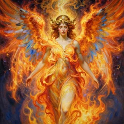 an intricate painting of a beautifull angel with fire wings surrounded by energy, hyper detailed, ornamental gold headpiece, octane render, vivid colors, artstation, by jeremy mann, by alphonse mucha, by boris vallejo, by gustav klimt