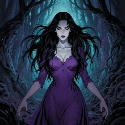 kate beckinsdale comic cover art, artgerm, joshua middleton, pretty stella maeve witch doing black magic, serious look, purple dress, symmetrical eyes, symmetrical face, long black hair, full body, twisted evil dark forest in the background, cool colors