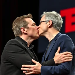 elon musk and mark zuckerberg kissing at a ted talk, leica, photo, medium shot, 3 5 mm