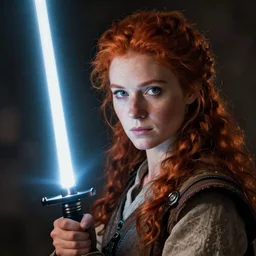 a rustic woman using a lightsaber, detailed face, redhead, by greg rutkowski, mandy jurgens