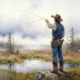 watercolor painting of western cowboy with lasso overlooking scandinavian bog, reflective, fog, ambient lighting, art by anders zorn, wonderful masterpiece by greg rutkowski, cinematic light, american romanticism by greg manchess, creation by tyler edlin, mockup watercolor sketch with bold brushstrokes, smudged and smeared paint, white border edge, white paper corners