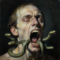 a painting of a screaming man's face with snakes coming out of his mouth, a surrealist painting, polycount, surrealism, surrealist, lovecraftian, cosmic horror
