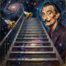 oil painting of a stairway filled with galaxies and nebulas by beeple and dali