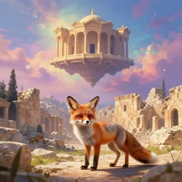 a beautiful small fox in the huge ruins of the second temple in jerusalem : : dreamy sky : : the third temple hovers quietly in the sky above : : very colorful painting 8 k trending on art station : : intricate details, very realistic, cinematic lighting, volumetric lighting, photographic blur bokeh defocus dof sky.