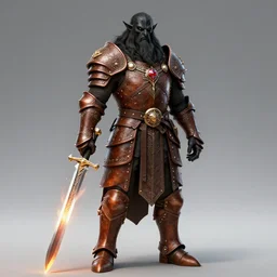 bugbear ranger, black beard, dungeons and dragons, hunters gear, flaming sword, jeweled ornate leather armour, concept art, character design on white background, by studio ghibli, makoto shinkai, poster art, game art