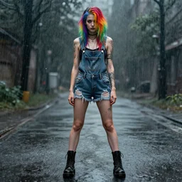 a portrait of an beautiful grungy female with rainbow hair, torn overalls, short shorts, combat boots, raining, made by viktor antonov, illustration, extremely detailed, beautiful,
