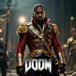 kanye west as emperor napoleon in doom eternal, splash art, movie still, cinematic lighting, dramatic, octane render, long lens, shallow depth of field, bokeh, anamorphic lens flare, 8 k, hyper detailed, 3 5 mm film grain