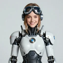 centered portrait photo of amused young anna nicole smith as a solarpunk mecha humanoid robotic parts wearing goggles with bright lights, real human face, pudica pose, inside white room, ultra - realistic and detailed, 8 k