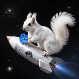 A white squirrel on a rocket ship in space and with a blue flower in his paw