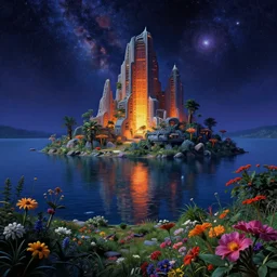 reclaimed by nature by georges seurat, thermal vision dramatic lighting architecture island lake mars cosmic bladerunner 2 0 4 9 biopunk reclaimed by nature at night flowers nightsky, archdaily, wallpaper, highly detailed, trending on artstation.