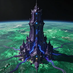 looking from space at green sea and dark purple illusion tower in the back, ornate and intricate, by midge sinnaeve, 4 k, cyber punk style, glowing blue veins, purple glowing wires