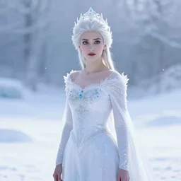photograph of a real-life beautiful ice queen with intricate white dress in an ethereal snowy landscape. Extremely detailed. 8k