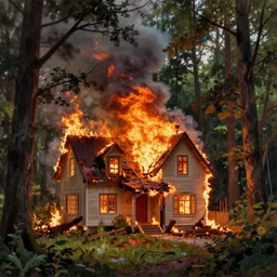 Thomas Kinkade style painting of a house burning down in the middle of a forest